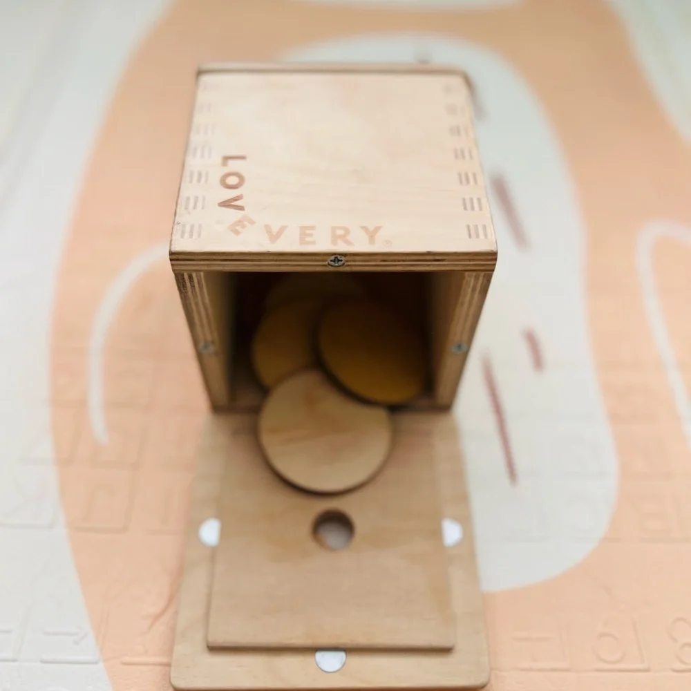 Lovevery Coin Bank with 5 wooden coins